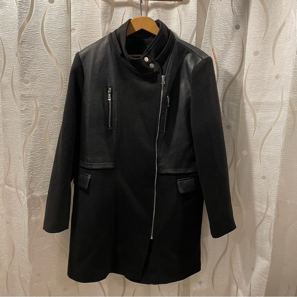 Tribal Black Faux Leather Wool Blend‎ Asymmetrical Moto Coat Jacket XL